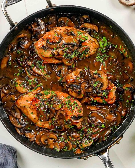 This Chicken Madeira featuring a rich mushroom and wine sauce is made with simple every day ingredients. In under an hour you can have restaurant quality flavor on the dinner table. It's a guaranteed hit to serve guests or a family night in! #chicken #dinner #chickenmadeira #recipe Madeira Food, Chicken Madeira, Jo Cooks, Cooking Chicken, Wine Sauce, Chicken Dishes Recipes, Family Night, Recipes Chicken, Poultry Recipes