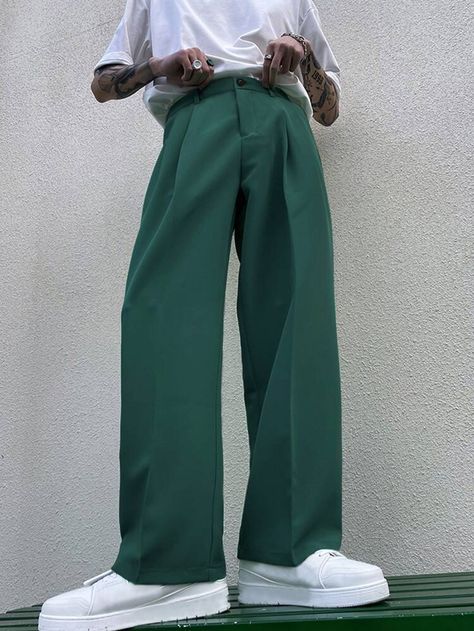 To find out about the Men Slant Pocket Wide Leg Suit Trousers at SHEIN, part of our latest Men Suit Pants ready to shop online today! Free Shipping On £35+✓ Free Return - 45 Days✓ 1000+ New Dropped Daily✓ Get £3 Off First Order!✓ Green Trousers Outfit, Trousers Outfit Men, Wide Leg Suit Pants, Wide Leg Trousers Outfit, Green Pants Men, Korean Street Fashion Men, Green Pants Outfit, Mens Cargo Trousers, Pants Outfit Men