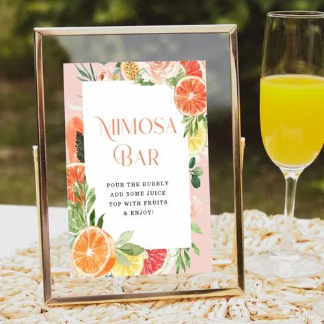 Tropical Citrus Bridal Shower Mimosa Bar Sign Mimosa Themed Bridal Shower Ideas, Main Squeeze Bridal Shower Theme Decor, Main Squeeze Bridal Shower Decor, Tropical Theme Bridal Shower Ideas, Main Squeeze Bridal Shower Theme Orange, Citrus Themed Bridal Shower Ideas, Citrus Bridal Shower Theme, Dried Citrus Garland, Main Squeeze Bridal Shower Theme