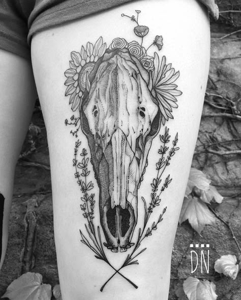 Solo Tattoo, Skull Thigh Tattoos, Horse Tattoo Design, Horse Skull, Private Tattoos, Western Tattoos, Skeleton Tattoos, Bff Tattoos, Stomach Tattoos