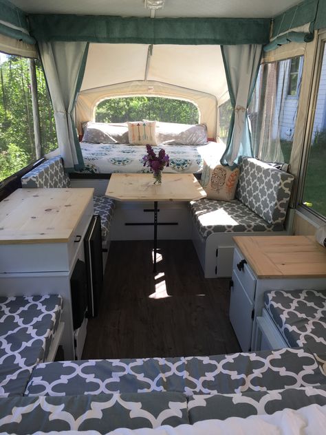 Pop Camper Hacks, Cute Pop Up Camper Ideas, Green Pop Up Camper Interior, Pop Up Camper Necessities, Remodeled Pop Up Camper, Pop Up Tent Decorations, Tent Trailer Remodel Diy, Tent Trailer Hacks, Pop Up Tent Trailer Remodel