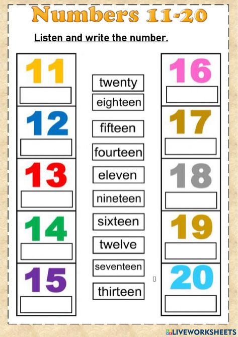 Numbers 11-20 online worksheet for 1,2. You can do the exercises online or download the worksheet as pdf. Numbers Preschool Printables, Number Words Worksheets, Counting Worksheets For Kindergarten, Number Worksheets Kindergarten, Kindergarten Math Free, Preschool Number Worksheets, Kindergarten Math Worksheets Free, Free Printable Numbers, Counting For Kids