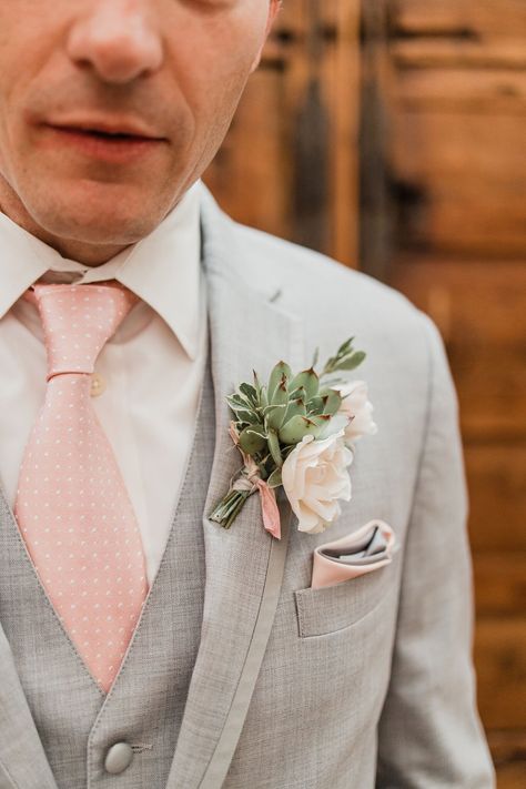 Light Grey Tux With Blush Pink, Grey Suit Pink Tie, Summer Boutonniere, Grey Tuxedo Wedding, Summer Groom, Unique Boutonniere, Pastel Suit, Pink Groomsmen, Wedding Hacienda