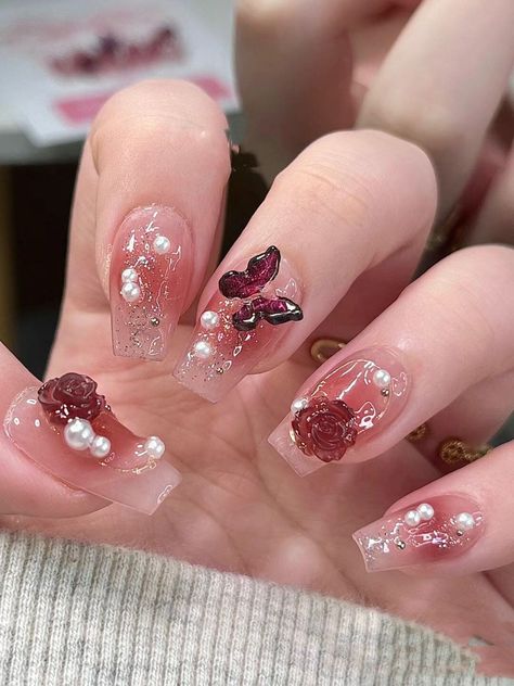 Pink Nails Design Butterfly, Red Nails With Butterfly Design, Korean Gel X Nail Designs, Xiaohongshu Nails Red, Douyin Butterfly Nails, Chinese Nail Art Douyin, Red Pink Nail Art, Red Nails Douyin, Nails Inspo Butterfly