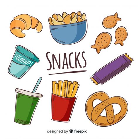 Collection of snacks Free Vector | Premium Vector #Freepik #vector #food #hand #kitchen #hand-drawn Snack Clipart, Snack Pictures, Healthy Restaurant Food, Snack Sani, Yogurt Snacks, Fruit Labels, 100 Calorie, Food Menu Template, Fast Food Menu