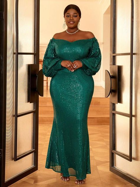 Plus Off Shoulder Lantern Sleeve Sequin Formal Dress | SHEIN USA Mother Of Groom Outfits, Wedding Evening Party, Green Sequin Dress, Dressy Casual Outfits, Sequin Formal Dress, Sequin Party, Nigerian Styles, Cocktail Gowns, Sequin Party Dress