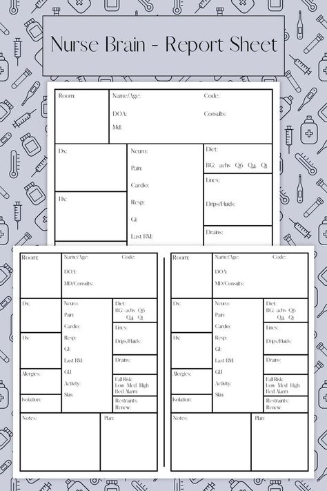 Simplify your shift change reports with this report sheet! This report sheet makes it quick and easy to write all of the patient information down that you might need! With an extra open space at the bottom, you have room to write down labs, imaging results, and other important information that you might want to jot down for later! With the open space and steady flow of the report sheet, it makes it a good option for new nurses and nursing students who want an easy and organized report sheet! Nurse Brain, Fall Risk, Allergies, Nursing, Brain, Bullet Journal, Coding