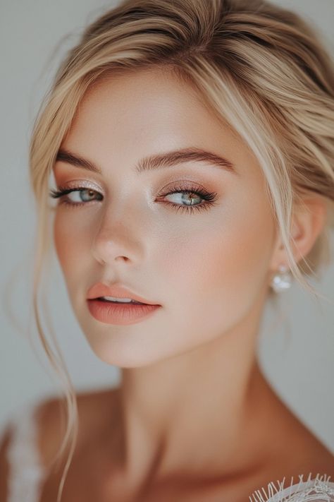 Winter Wedding Eye Makeup, Beautiful Natural Makeup Looks, Natural Glowy Makeup Blue Eyes, Airbrush Bridal Makeup Natural, Blair Waldorf Wedding Makeup, Jschlatt Wedding, Simple Wedding Makeup Fair Skin, Minimalistic Bridal Makeup, Natural Golden Makeup Look