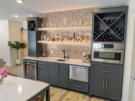 Bar With Fireplace Ideas, Wet Bar Floating Shelves, Small Basement Wet Bar, Bar With Open Shelving, Bar Floating Shelves, Bar Wall Design, Basement Wet Bar Ideas, Modern Wet Bar, Media Room Bar