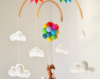 Baby Mobile Fox flying with rainbow balloons and clouds | Woodland Nursery Decor Baby Shower newborn gift | Up up and away 100% Wool Felt Balloons Clouds, Flying Balloons, Felt Bear, Flying Balloon, Rainbow Bunting, Balloon Clouds, Baby Nursery Neutral, Pastel Balloons, Diy Bebe