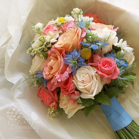 bridal bouquet in coral, pink, and blue Light Blue And Coral Wedding, Blue And Coral Wedding, Blue Coral Weddings, Beach Wedding Planning, Beach Wedding Coral, Tropical Wedding Bouquets, Coral Wedding Flowers, Prom Bouquet, Wedding Flower Trends