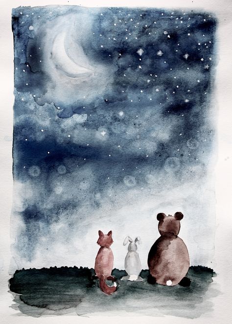 Night Sky Nursery, Baby Room Paintings, Night Nursery, Watercolor Night Sky, Sky Nursery, Animal Nursery Theme, Watercolor Sky, Star Painting, Nursery Paintings