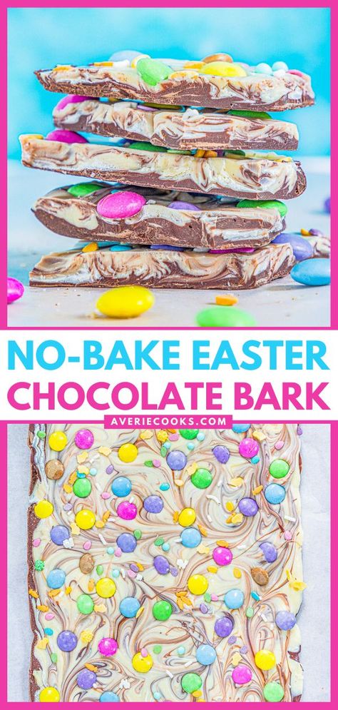 Easter Chocolate Bark, easter desserts, sweet treats Easter Bark Candy, Easter Bark Recipe, Easter Chocolate Bark, Homemade Chocolate Bark, Easter Bark, Easter Cheesecake, Easy Easter Treats, Averie Cooks, Candy Egg