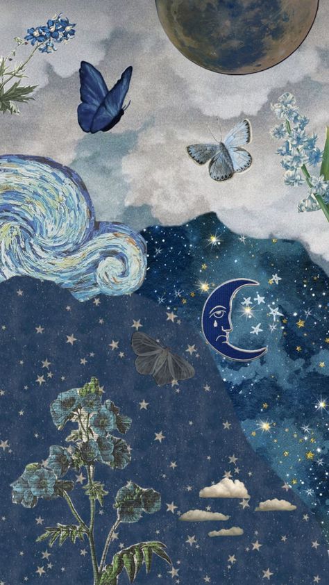 #blue #blueaesthetic #bluecollage #moon #butterfly #butterflies #flowers #flower Blue Collage Aesthetic, Playlist Vibes, Blue Collage, Fantasy Land, Arte Van Gogh, College Kids, Edgy Wallpaper, Vintage Poster Art, Aesthetic Pastel Wallpaper