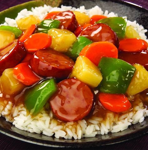 Smoked Sausage Stir Fry Recipe, Sweet And Sour Sausage, Sweet And Sour Kielbasa, Sausage Stir Fry, Smoked Sausage Recipes, Kielbasa Recipes, Eat On A Budget, Large Family Meals, Sausage Dishes