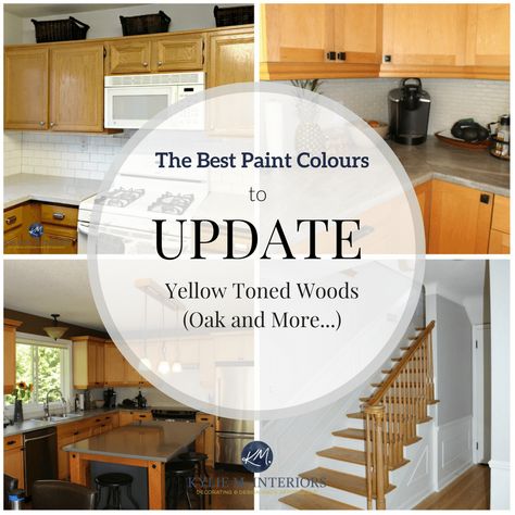 The best paint colours and ideas to update yellow toned oak, wood, cabinets, flooring. Kylie M INteriors E-decor and E-design Yellow Wood Floors Paint Colors, Yellow Wood Cabinets Kitchen, Oak Wood Interior Design, Paint Colors Oak Cabinets, Oak Floor Decor, Yellow Oak Kitchen Cabinets, Yellow Oak Floors, Yellow Wood Floors, Paint Doors White