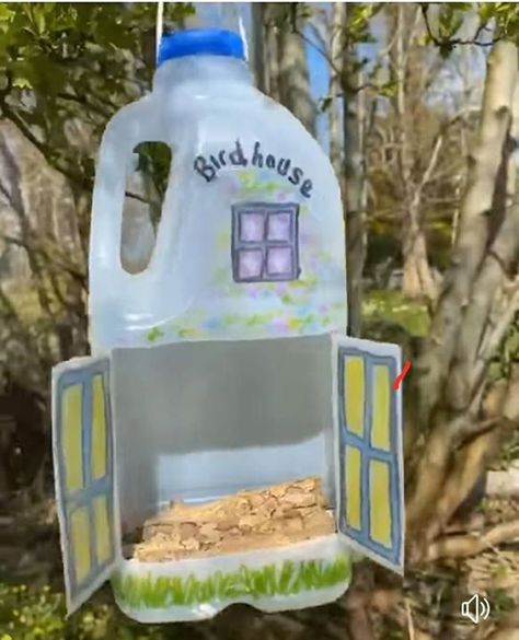 Milk cart upcycling birdhouse Birdhouse From Milk Carton, Birdfeeder Diy Plastic Bottle, Diy Bird Feeder Milk Carton, Bird Feeders Milk Carton, Recycled Bottle Bird Feeder, Milk Carton Birdhouse, Bird Feeder With Plastic Bottle, Diy Milk Jug Bird Feeder, Home Made Bird Feeders Diy