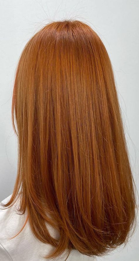 Copper Shimmer Hair Color, Medium Golden Copper Hair Color, Titian Hair Colour, Medium Orange Copper Hair, Medium Length Copper Hair, Golden Orange Hair, Medium Golden Copper Hair, Light Copper Hair Color, Copper Hair Color Formula