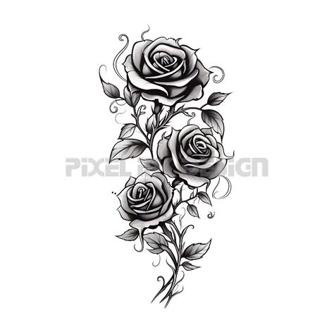 Rose With Scroll Tattoo, Rose Garland Tattoo, Climbing Rose Tattoo, Rosebush Tattoo, Side Of Stomach Tattoo For Women, 3 Roses Tattoo Design, Roses Tattoo Stencil, Background Tattoo Design, Rose Outline Drawing