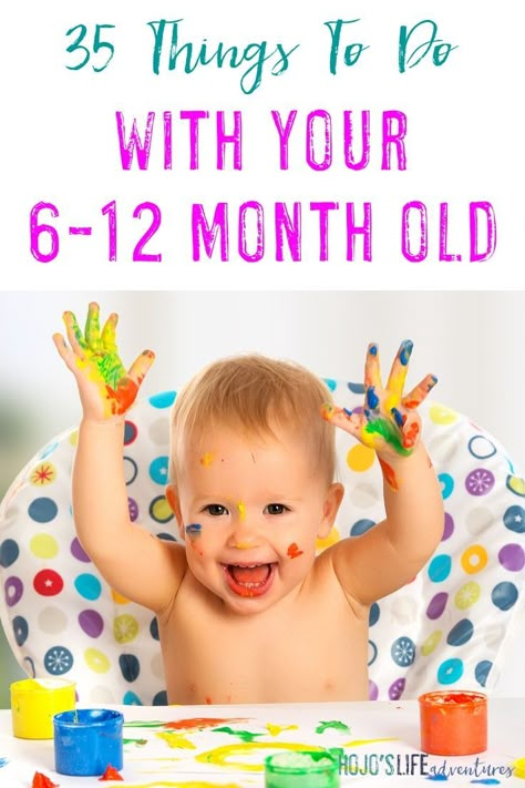 Sometimes it's hard to know how to play with your baby, but not anymore! Here are 35 things to do with your 6-12 month old! Great ideas for mom, dad, grandparents, daycare providers, and more! Crafts With 12 Month Old, Activities To Do With A 6 Month Old, Sensory Activities For Ten Month Old, Gross Motor Activities For 6-12 Months, Diy 9 Month Old Activities, Diy 7 Month Old Activities, Diy Baby Activities 6-12 Months, 6 12 Month Activities, Diy Baby Toys 9-12 Months