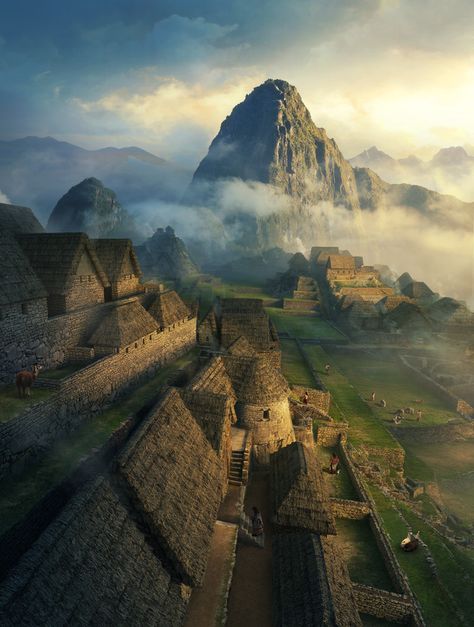 Amazing Machu Picchu reconstruction. Matte painting by Dylan Cole Dylan Cole, Machu Picchu Peru, Lake Titicaca, Sacred Valley, Peru Travel, Matte Painting, Ancient Architecture, Ancient Ruins, Machu Picchu