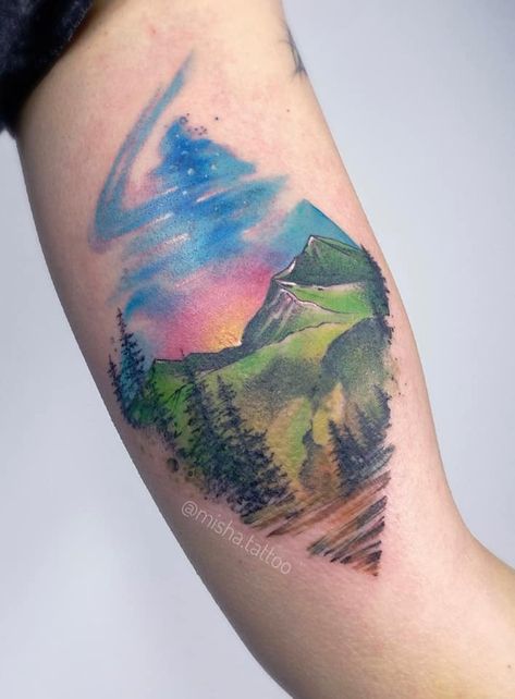 Colorful Forest Tattoo, Colorful Mountain Tattoo, Jesse Tattoo, Rocky Tattoo, Watercolor Mountains Tattoo, Alaska Tattoo, Tatts Ideas, Boys Tattoo, Watercolor Tattoo Ideas