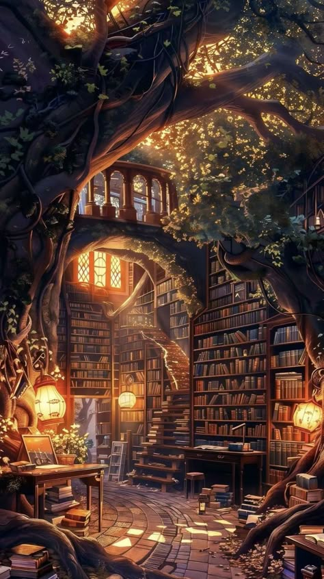 Book Fall Wallpaper, Scenario Wallpaper, Wallpaper Backgrounds Books, Books Wallpaper Backgrounds, Fall Nature Wallpaper, Book Background Wallpapers, Bookshelves Wallpaper, Library Tree, Magical Wallpaper