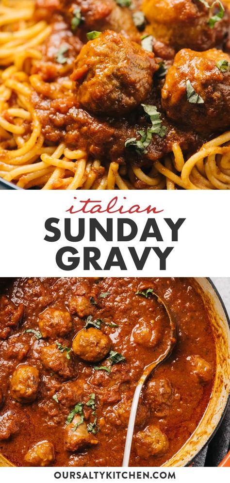 Homemade Sunday Gravy, Best Italian Red Sauce Recipe, Italian Sunday Gravy Authentic, Spaghetti Gravy Recipes, Meatball Red Sauce Recipes, Sunday Pasta Sauce, Meatballs And Red Gravy, Italian Sauce Recipes Sunday Gravy, Authentic Pasta Sauce Italy