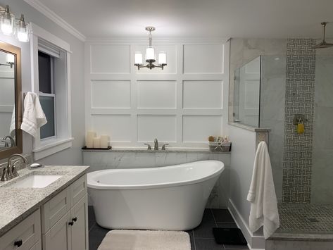 Accent Wall Behind Soaking Tub, Freestanding Bathtub Accent Wall, Board And Batten Master Bath, Accent Wall Behind Freestanding Tub, Free Standing Tub Accent Wall, Accent Wall Behind Tub, Bathtub Accent Wall, Master Bath Refresh, Standalone Tub