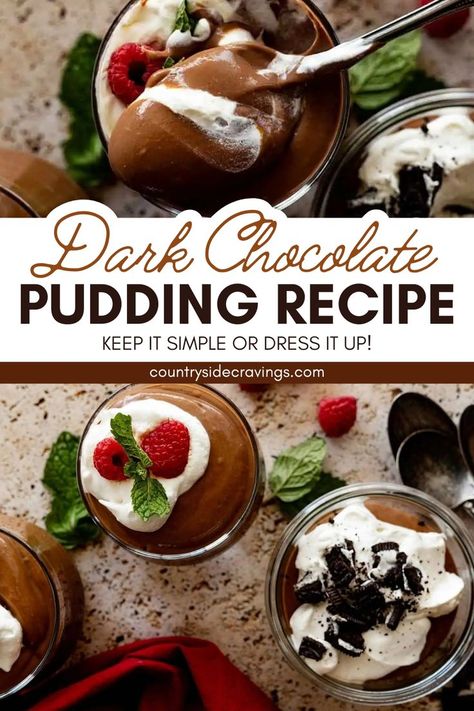 Every spoonful of this ClasDark Chocolate Pudding Recipe is bursting with intense chocolate flavor that will leave you craving more. You can elevate this classic dessert by topping it off with a variety of scrumptious add-ons, such as fresh fruits, delicate chocolate curls, crunchy cookie crumbles, or a dollop of freshly whipped cream. Dark Chocolate Pudding Recipe, Black Pudding Recipe, Chocolate Molten Lava Cake, Dark Chocolate Pudding, Molten Lava Cake, Vegan Chocolate Pudding, Chocolate Pudding Recipe, Hip Huggers, Homemade Chocolate Pudding