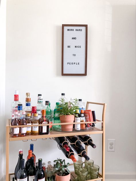 Bar cart, modern dining room, letter board, letter board quotes, work hard and be nice to people, gold bar cart, dining room decor, dining room Bar Cart Quote Board, Bar Cart Quotes, Room Letter Board, Bar Cart Dining Room, Bar Cart Modern, Work Hard And Be Nice, Be Nice To People, Gold Bar Cart, Letter Board Quotes