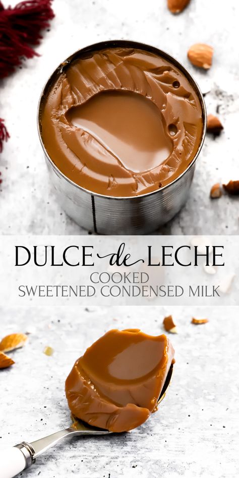 An easy Dulce de Leche (Cooked Condensed milk) recipe with only 1 ingredient! Sweetened condensed milk is cooked until it becomes thick, creamy caramel-like pudding that you can use for many dessert recipes. #dulcedeleche #cookedcondensedmilk #sweetenedcondensedmilk #caramel #olgainthekitchen #homemade #howto #lalechera #nestle Condensed Milk Gelatin Recipes, How To Make Carmel Out Of Sweetened Condensed Milk, Caramel Treat Recipes Nestle, Condensed Milk Pudding Recipes, Sweetened Condensed Milk Candy, Carnation Milk Recipes Desserts, Thick Caramel Filling, Caramel Condensed Milk Recipes, What To Do With Sweetened Condensed Milk