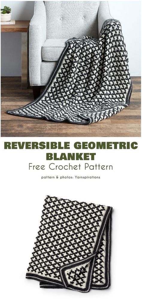 Reversible Geometric Blanket Free Crochet Pattern Modern interiors do well with simple, two-tone accessories with geometric patterning. Crochet Two Color Blanket, Modern Haken, Geometric Blanket, Modern Crochet Blanket, Crochet Mosaic, Crochet Afghan Patterns Free, Crochet Rugs, Modern Crochet Patterns, Crochet Blanket Designs