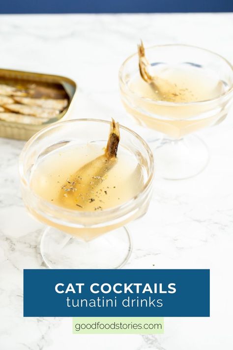 cocktail coupes filled with tunatinis - cat drinks with clam broth and sardines Cat Themed Birthday Party Drinks, Dessert Recipes For Parties, Nonalcoholic Cocktails, Cat Cocktail, High Sodium Foods, Birthday Party Drinks, Cat Themed Birthday Party, No Sodium Foods, Clam Sauce