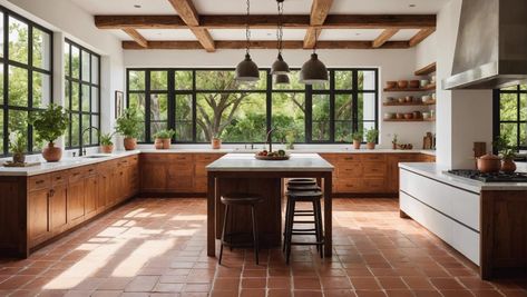 Designing a Stunning Spanish Modern Kitchen - DexDecor Spanish Kitchen Lighting, Spanish Kitchens Modern, Kitchen Terracotta Floor, Spanish Villa Kitchen, New Mexico Kitchen, Modern Spanish Style Kitchen, Spanish Modern Kitchen, Santa Barbara Kitchen, Modern Spanish Interior Design