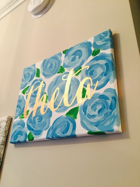 Kappa Alpha Theta sorority Lilly Pulitzer painting in blue lucky charms with gold calligraphy on canvas #sorority #kappaalphatheta #theta #lilly #lillypulitzer Lilly Pulitzer Painting, Kappa Alpha Theta Canvas, Theta Crafts, Canvas Sorority, Calligraphy On Canvas, Calligraphy Canvas, Monogram Painting, Big Little Ideas, Theta Phi Alpha