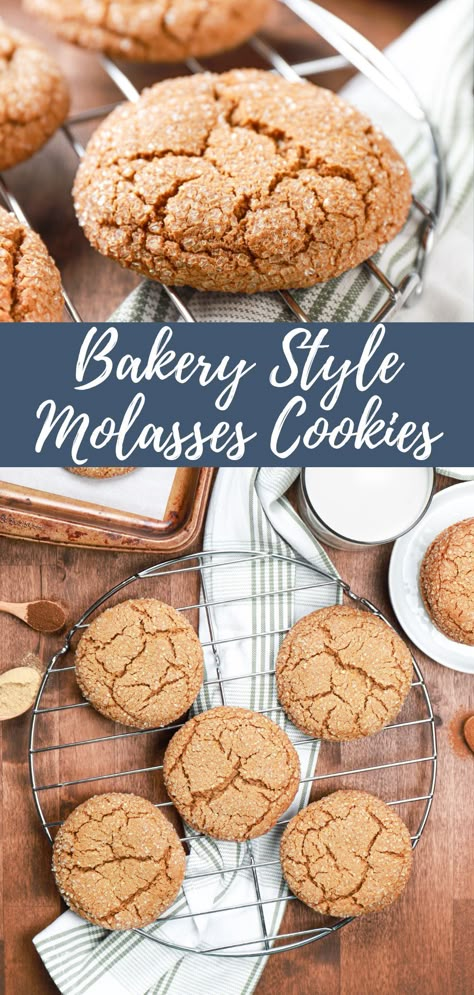 Top image shows a side view of a bakery style molasses cookie on a cooling rack. Bottom image shows an overhead view of a batch of bakery style molasses cookies on a cooling rack. Chewy Molasses Cookies, Molasses Cookies Recipe, Cookie Exchange Recipes, Oatmeal Raisin Cookies Chewy, Delicious Christmas Desserts, Cookie Bakery, Ginger Molasses Cookies, Best Christmas Recipes, Cookie Recipes Homemade