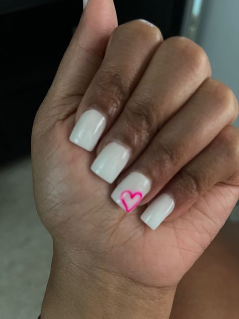 Acrylic nails Cute Nails With Ring Finger Design, Pink And White Nails Simple Design, Pink On White Nails, White Acrylic Nails With Pink Heart, Nails Acrylic With Heart Design, White Nails With Designs Heart, Short White Nails With Pink Heart, White Nails With One Finger Design, Pink Nails With White Heart Design