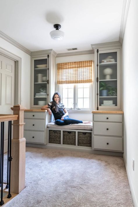 DIY Built-In Bookcases, Cabinets, and Window Bench Custom Window Seat With Storage, Built In Around A Window, Built Ins Around Window, Daisy Activities, Bench Shelf, Built In Window Seat, Window Seat Design, Window Bench, Built In Cabinet