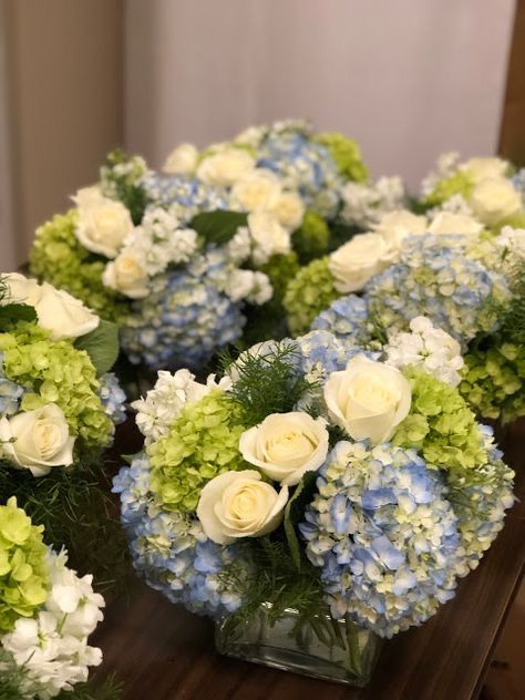 The Flower Market, Hydrangea Centerpiece, Hydrangea Arrangements, Asparagus Fern, Blue Bridal Shower, Bridal Shower Flowers, Hydrangeas Wedding, Blue Hydrangeas, Bridal Shower Centerpieces