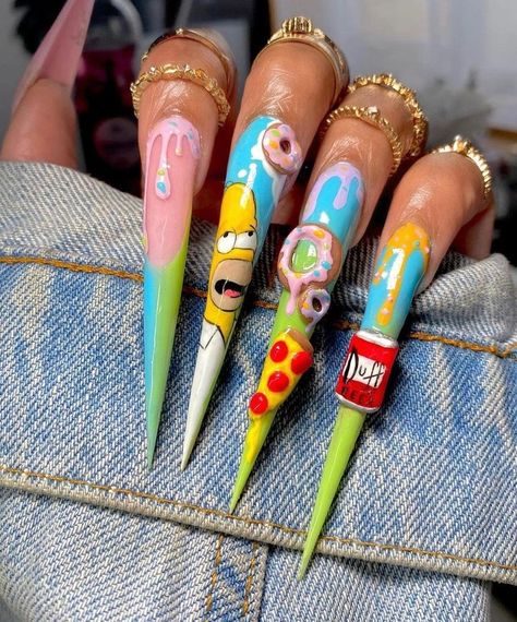 Simpsons Nails, Spongebob Nails, Nail Art Instagram, Nail Salon Design, Nail Art Set, Nail Art Disney, Crazy Nails, Acrylic Nails Coffin Pink, Salon Design