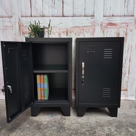 Black Mini Lockers | Trade Me Mini Locker, Industrial Living Room Design, Tiny House Loft, Bedroom Cupboard Designs, Metal Lockers, Industrial Livingroom, Clip Lights, Furniture Bedside Table, Opening Doors