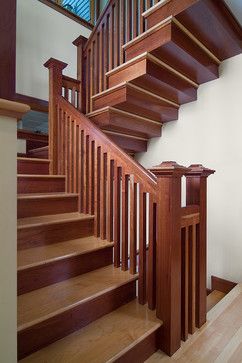 Craftsman Stairs, Craftsman Staircase, Craftsman Interiors, Arts And Crafts Style Homes, Outdoor Stair Railing, Modern Stair Railing, Craftsman Homes, Handrail Design, Contemporary Staircase