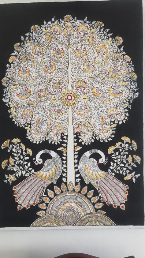 Warli Art on Canvas depicting tree of life with peacocks Kalamkari Designs, Warli Art, Indigenous Tribes, Indian Folk Art, Indian Paintings, Tree Art, Indian Art, On Board, Indore