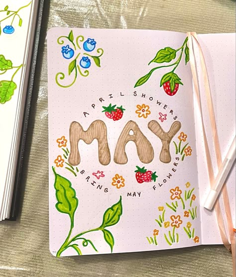 May Page Bullet Journal, May Scrapbook Page, May 2024 Bullet Journal, May Bullet Journal Ideas Layout, May Spreads Bullet Journal, May Journal Cover Page, Spring Bujo Ideas, May Bujo Spread, Nature Bujo Theme