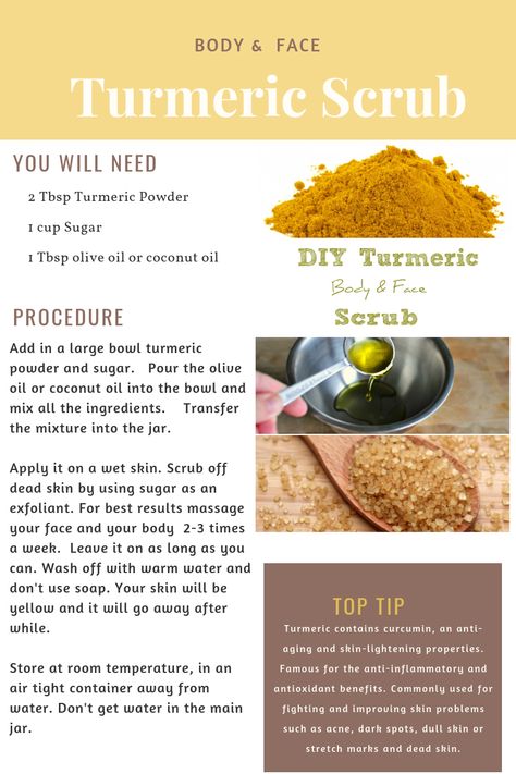 Turmeric Body Scrub, Turmeric Scrub, Diy Body Scrub Recipes, Turmeric Face, Natural Skin Care Ingredients, Body Scrub Recipe, Turmeric Face Mask, Valentine Diy, Natural Skin Care Remedies