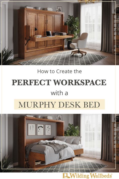 Murphy Desk Bed open and closed. Murphy Bed Rooms, Desk Murphy Bed Combo, Home Office With Murphy Bed, Desk Beds, Murphy Bed Desk Combo, Bed Desk Combo, Desk And Bed, Office Bedroom Combo, Wilding Wallbeds