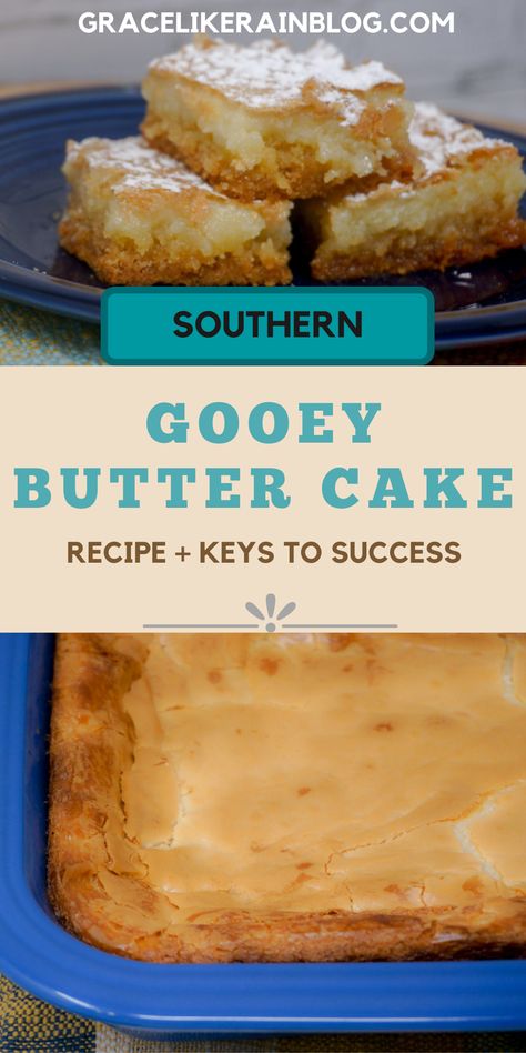 Gooey Butter Cake is a super easy two-layer bar dessert. It is so buttery and delicious with that flaky top and that ooey-gooey filling. This dessert is perfect for your next potluck! Gooey Butter Cake from a cake mix is an easy bar dessert that will knock your socks off. | Ooey Gooey Butter Cake | Butter Bars | Butter Cake Recipe | Paula Deen Butter Cake | Easy Brownies and Bars Recipes | Potluck Recipes Potluck Recipes Summer, Paula Deen Butter Cake, Manly Food, Gooey Butter Cake Recipe, Butter Cake Bars, Quick Sweets, Recipes Potluck, Ooey Gooey Cake, Easy Brownies