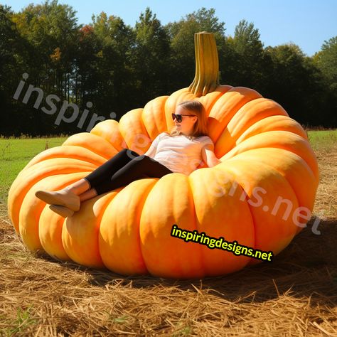 These Giant Pumpkin Shaped Loungers are the Halloween Season’s Most Wanted Furniture Piece! Diy Giant Pumpkin, Inflatable Pumpkin, Giant Pumpkin, Cinderella Carriage, Large Pumpkin, Giant Inflatable, Halloween Season, Earthy Tones, Leaf Shapes