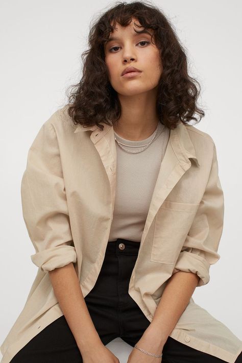 Oversized Cotton Shirt - Light beige - Ladies | H&M US Poplin Shirt Outfit, Oversized Poplin Shirt, Beige Shirt, Women Shirts Blouse, Poplin Shirt, Oversized Shirt, Light Beige, Fashion Company, Cotton Poplin